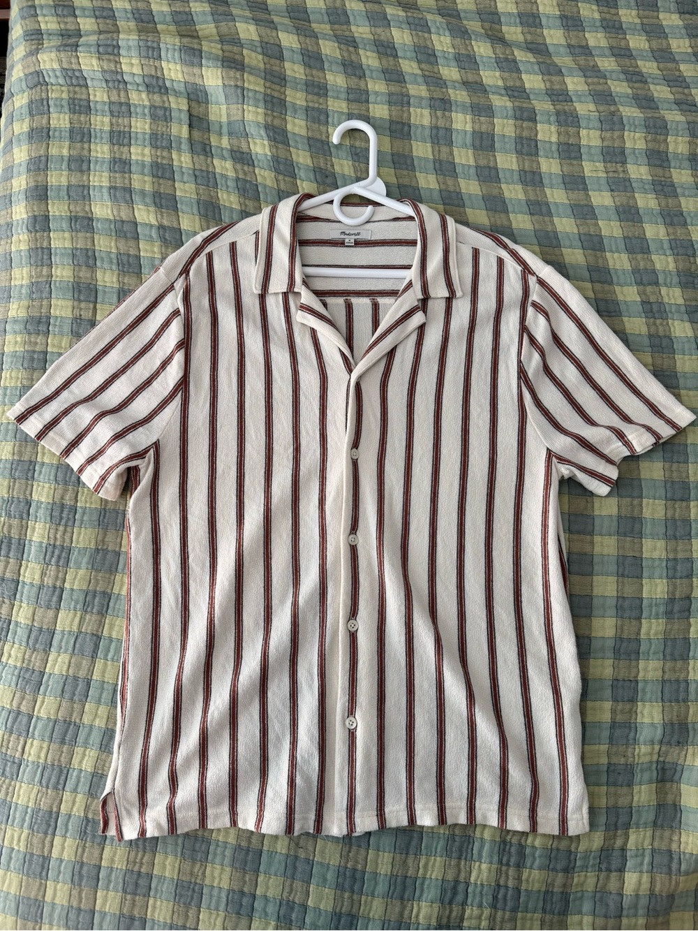 Madewell Easy Short-Sleeve Button-Up Shirt in Cream with Burgundy Stripes